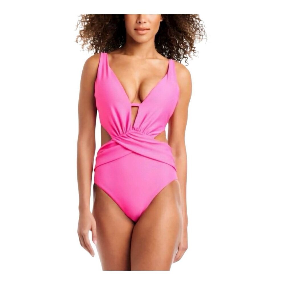 Bar III Women's Draped Monokini Swimsuit Size Small Pink Push-Up Cups Adjustable